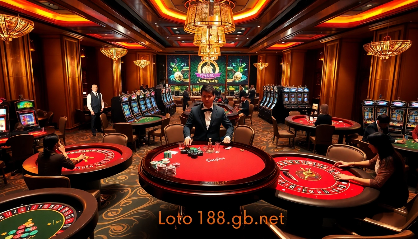 Exciting casino scene with players at tables and loto188.gb.net slot machines.