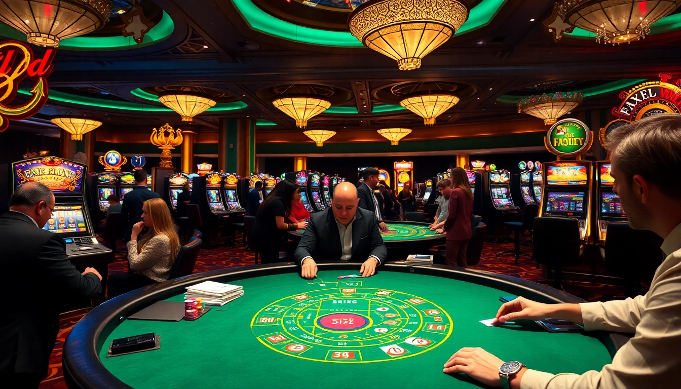 Gamblers enjoying the excitement of fun79 at a lively casino with tables and slot machines.