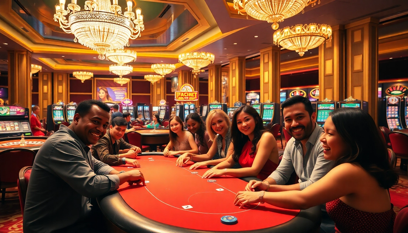 Exciting poker game scene at https://32wincasino.com/ with diverse players and luxurious casino decor.