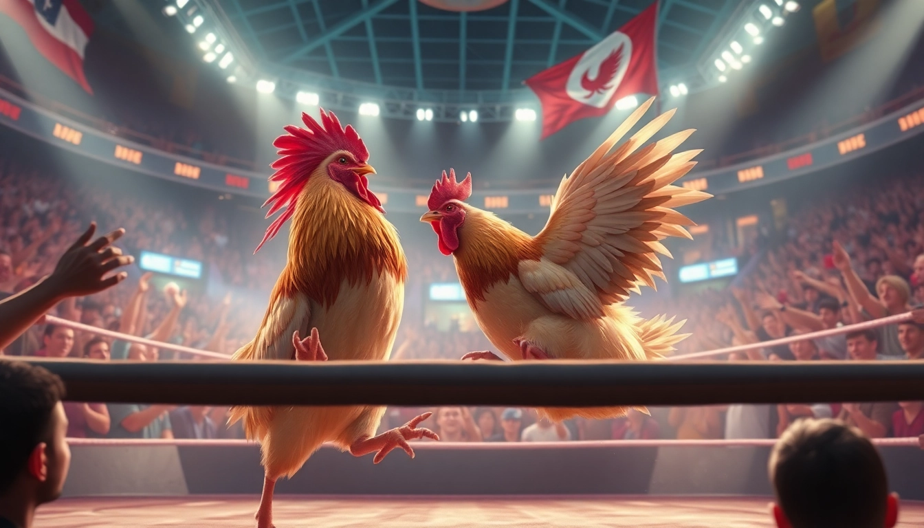 Live chicken fighting event showcasing intense competition at dagawin.live, with vibrant crowd energy.