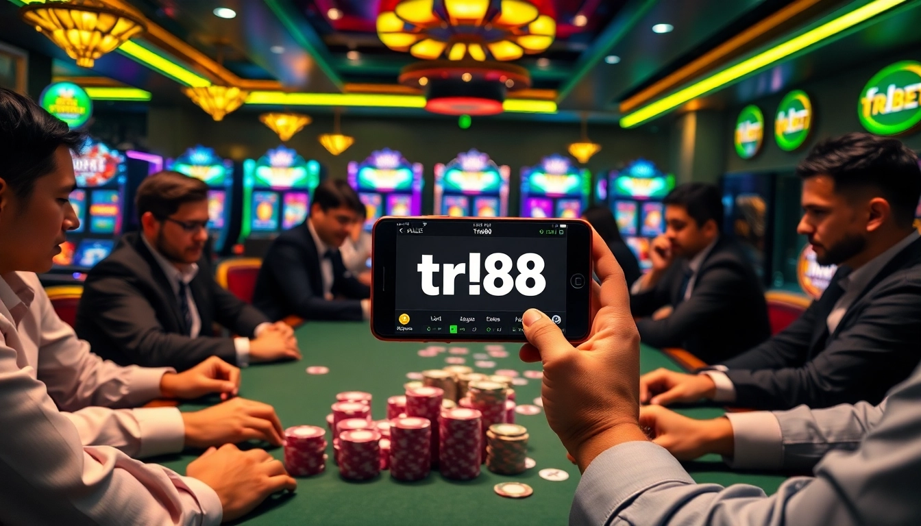 Excited gamblers strategizing at a poker table with tr88 branding and colorful chips.