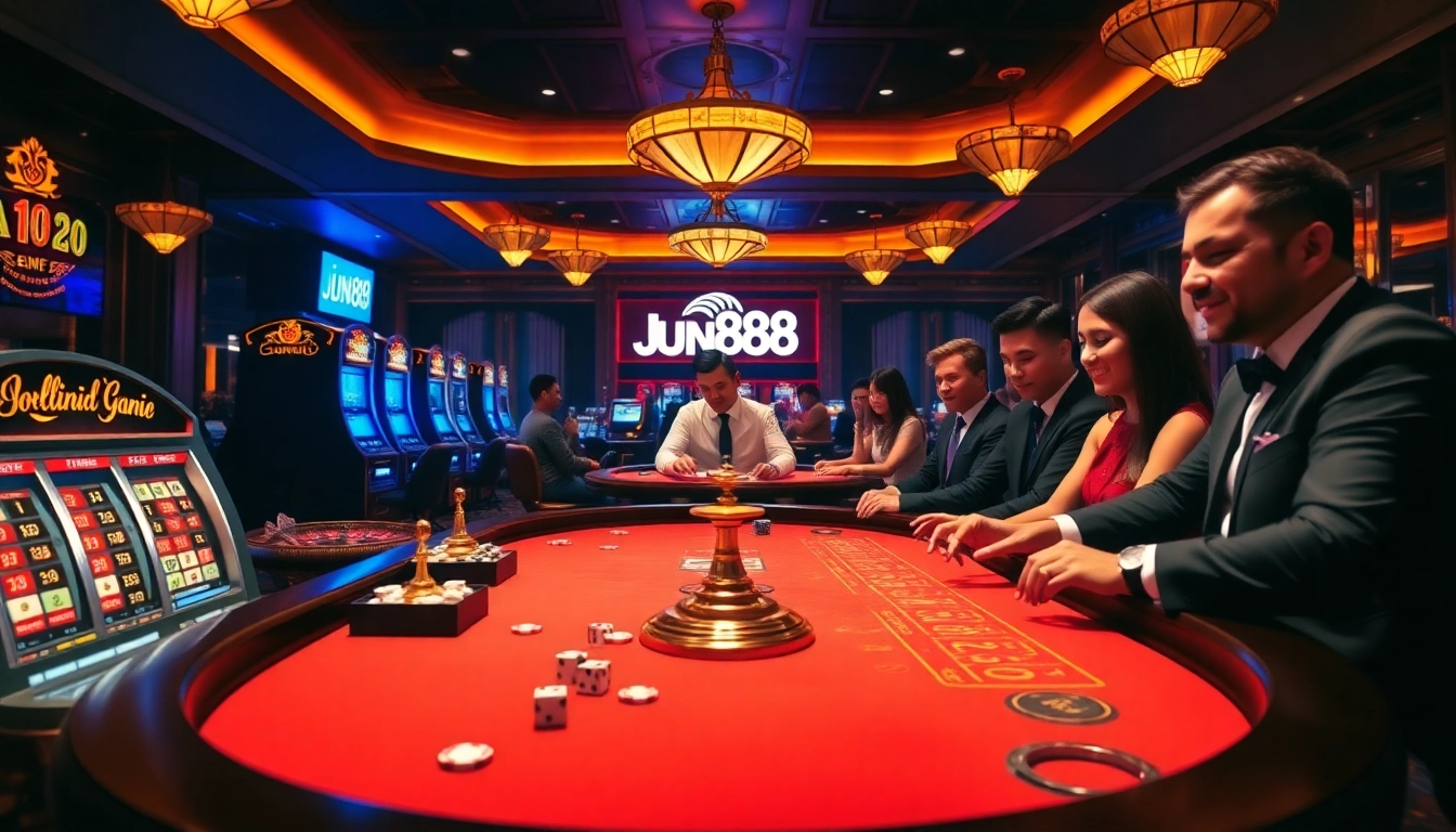Exciting action at Jun88 casino with vibrant poker tables and slot machines lighting up the scene.