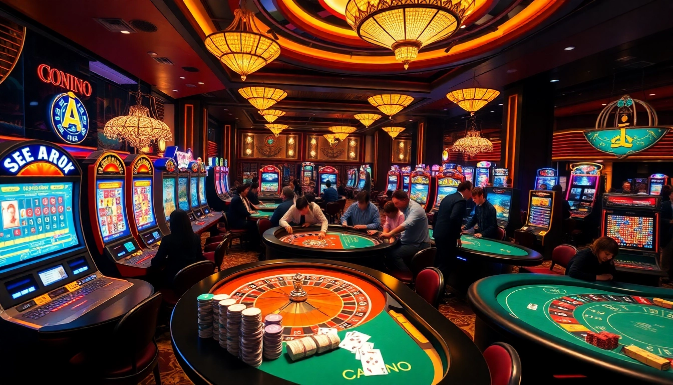 Players enjoying thrilling games at https://s666hn.com/ casino, with vibrant slot machines and luxurious tables.