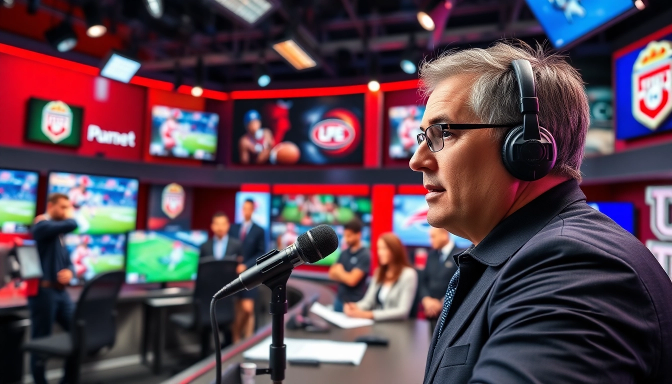 Captivating sports broadcasting scene showcasing professionals reporting live on air.