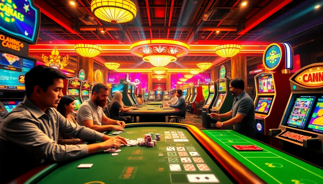 Dynamic casino scene showcasing online gambling excitement at ev88win.live with vibrant lights and engaging games.