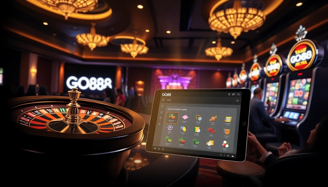Join the excitement with GO88 at an upscale casino, featuring poker chips and roulette.