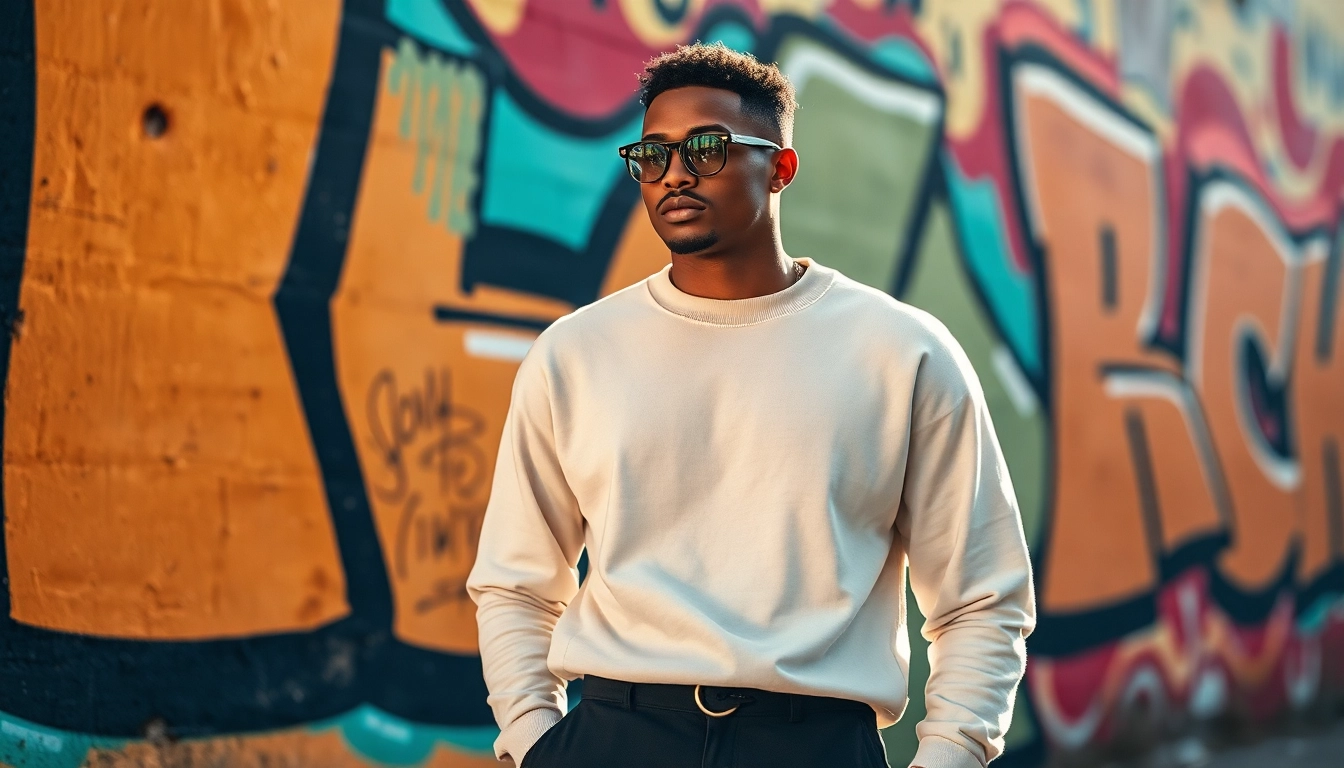 Display of a trendy blank crewneck worn by a model, showcasing urban fashion style.