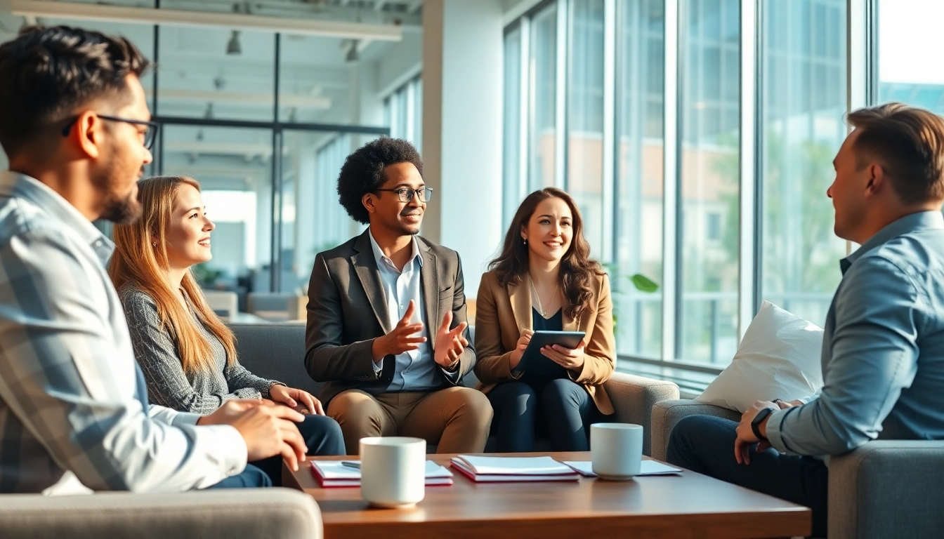 Engaging professional development coaching session among diverse professionals in a modern environment.