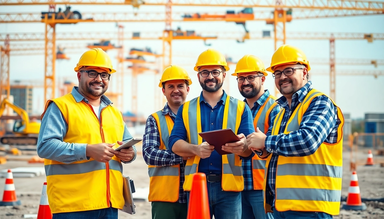 Construction safety programs in action with workers collaborating at a construction site.